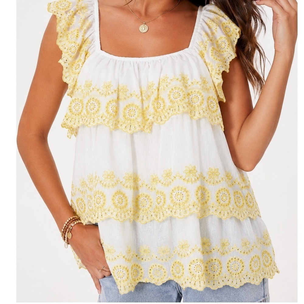 Liv Los Angeles Women's Embroidered Tiered Top White Yellow XL Boho Cottagecore
